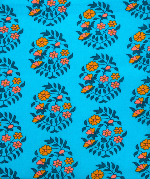 Coton enduit de 15m Shalin turquoise avec des motifs fleuris